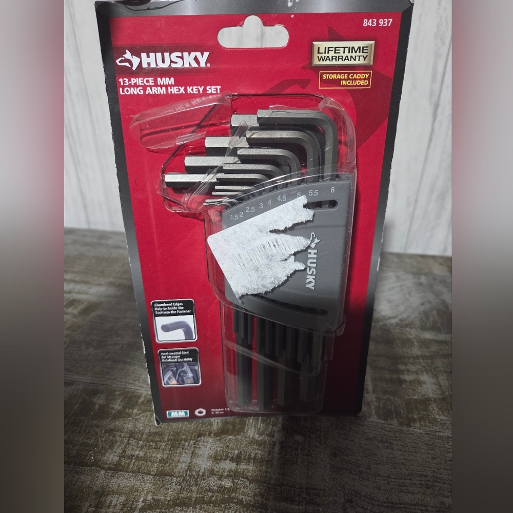 Husky 13-Piece Metric Long Arm Hex Key Set (Model No. 843 937). 